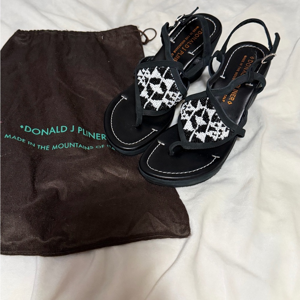 Donald J. Pliner Black and White Beaded Wedge Sandals